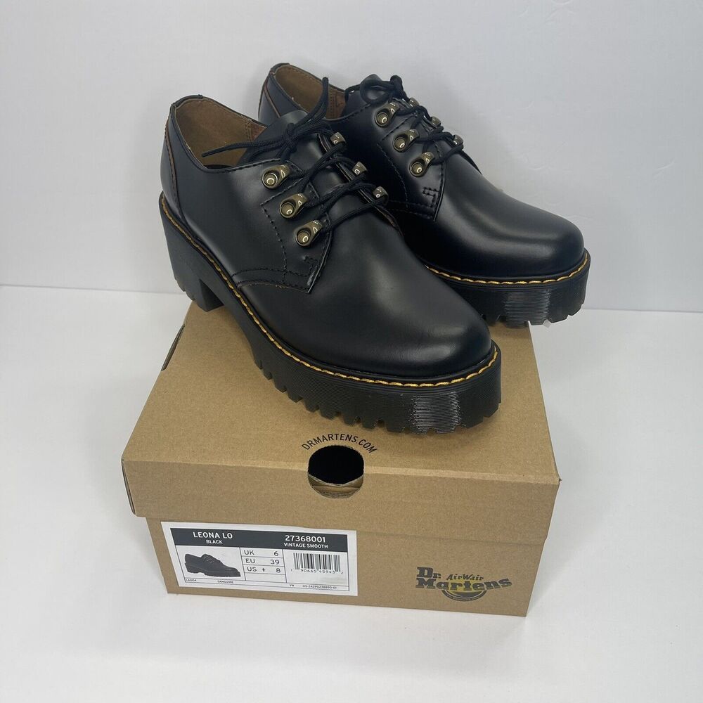 Dr. Martens Leona Lo Size 8 Smooth Leather Lug Sole Heeled Derby Shoe, Black - Picture 3 of 15